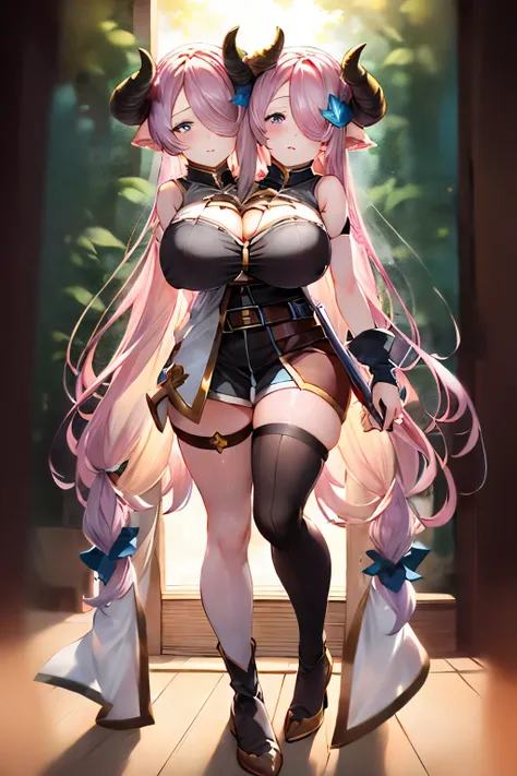 (2heads:1.2), (solo), 1girl, (narmaya (granblue fantasy)), draph, demon horns, hair over one eye, purple eyes, determined expression, looking at viewer, pov, Standard, ver1costume, high quality, masterpiece, 8k, 4k, autumn forest background, beautiful back...