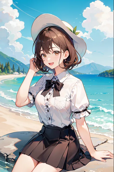 1girl, rating:safe, solo, day, blush, brown_hair, short_sleeves, breasts, smile, outdoors, shirt, water, looking_at_viewer, hat, cloud, sky, bangs, white_shirt, skirt, brown_eyes, open_mouth, blue_sky, buttons, eyebrows_visible_through_hair, mountain, medi...