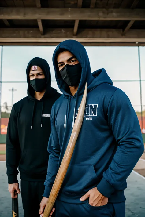 men in hoodies and ski masks holding baseball bats