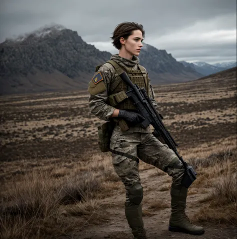 Masterpiece, a strong and brave female soldier, ((Angelina Jolie:Gal Gadot:0.5)), sharp features, short cropped hair, military uniform with camouflage patterns, muscular build, determined expression, boots and combat gear, stern gaze, outdoor setting, rugg...