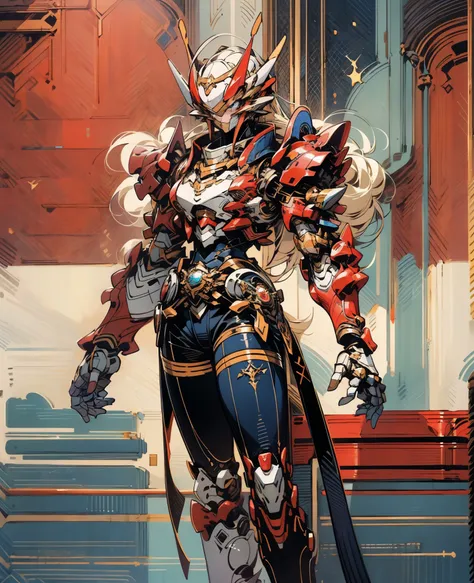 A woman adorned in fantasy-style full-body armor, a crown-concept fully enclosed helmet that unveils only her eyes, a composite layered chest plate, fully encompassing shoulder and hand guards, a lightweight waist armor, form-fitting shin guards, the overa...