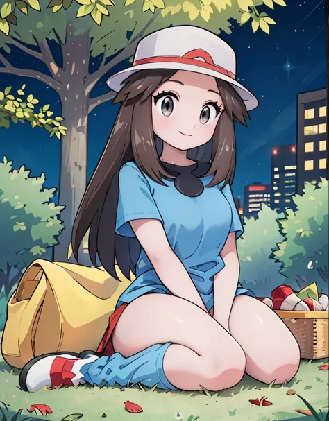 (best quality,4k,highres,masterpiece:1.2),ultra-detailed,realistic,photorealistic:1.37,leaf Pokemon,full body,curvy body,beautiful detailed eyes,long lashes,visible thighs,sitting,red skirt,blue shirt, loose socks, white footwear,knees together,smile,upski...