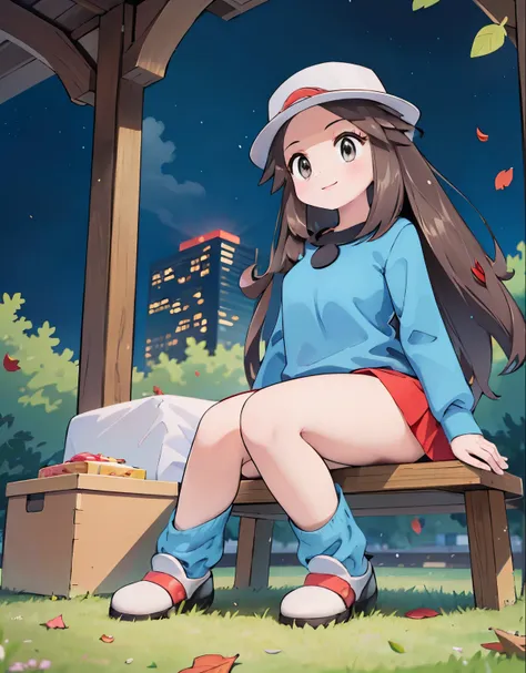 (best quality,4k,highres,masterpiece:1.2),ultra-detailed,realistic,photorealistic:1.37,leaf Pokemon,full body,curvy body,beautiful detailed eyes,long lashes,visible thighs,sitting,red skirt,blue shirt, loose socks, white footwear,knees together,smile,upski...