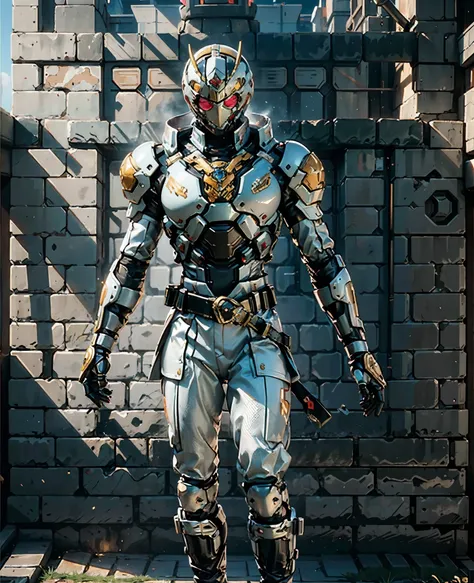 A woman adorned in fantasy-style full-body armor, a crown-concept fully enclosed helmet that unveils only her eyes, a composite layered chest plate, fully encompassing shoulder and hand guards, a lightweight waist armor, form-fitting shin guards, the overa...