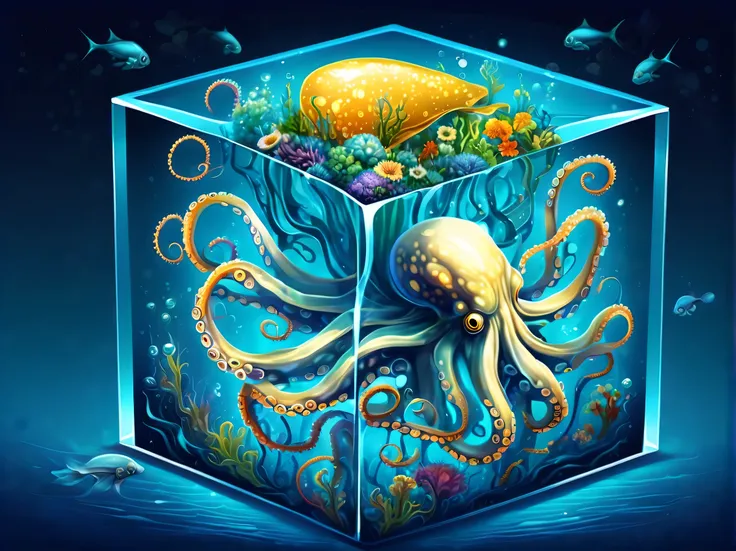 deep ocean in crystal big cube illustration, high quality octopus, blooming neuron fantasy flower, bioluminescent omelet, bevel,