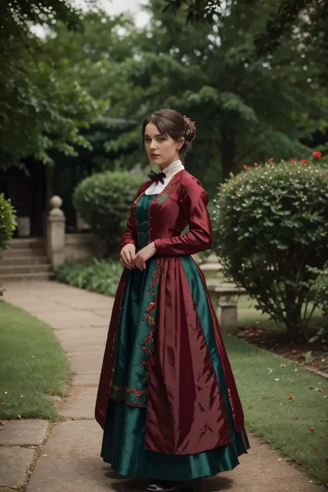 red silk dress, green satin bows, flower embroidery with blue stones, outfit,
 edwardian, haute couture outfit, victorian outfit