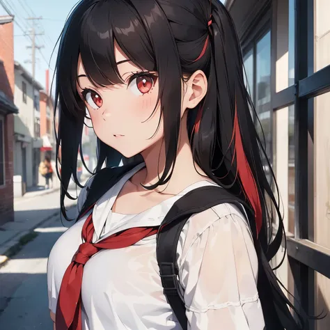 1 girl, black long hair with red highlights, school girl