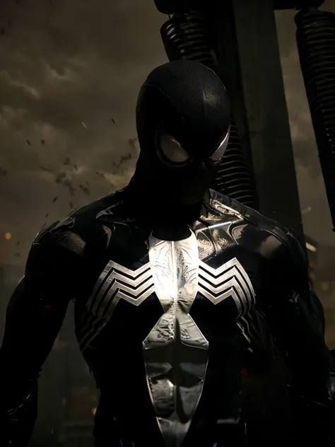 symbiote spiderman looking down as rain falls with lightning and thunder