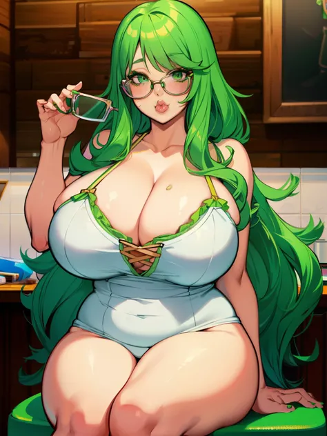 Green hair, glasses, green eyes, l big , thick thighs, hours glasses, wavey hair, (((1girl))),  fat , fat ass, holding bunny, juicy lips, cowboy shot, sitting down, looking at viewer