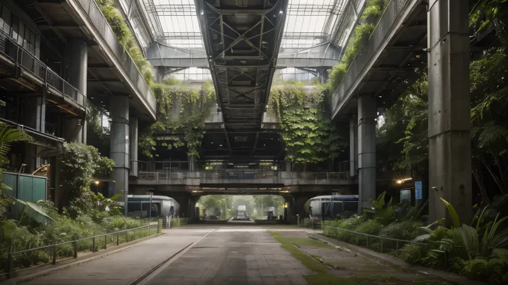 "(best quality,highres,ultra-detailed),industrial complex surrounded by lush plants,(eco-friendly,environmentally conscious) industry,external area,natural harmony,futuristic atmosphere,steel and concrete structure"