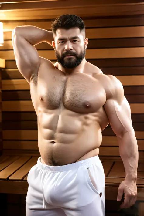 Masterpiece, Best quality, Solo, Korean 60 years old muscle chubby man,sauna background, bodybuilder chubby, muscle hairy body, big muscle, big belly, Natural eyes, large bulge, short detailed hair, Sexy guy, looking at viewert, white and dirty suit, white...