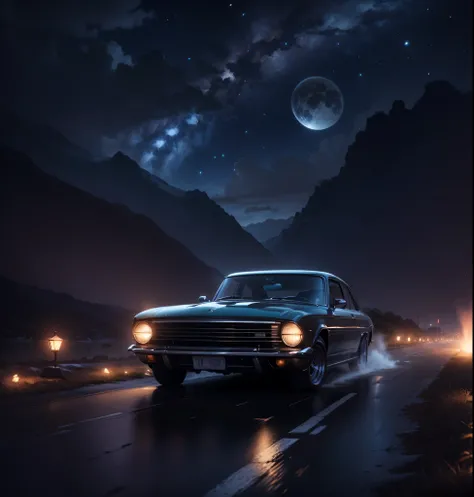 estilo anime, homem Morcego carro vintage, clima frio, cores frias, blue night sky, cinematic shading, Anime CG