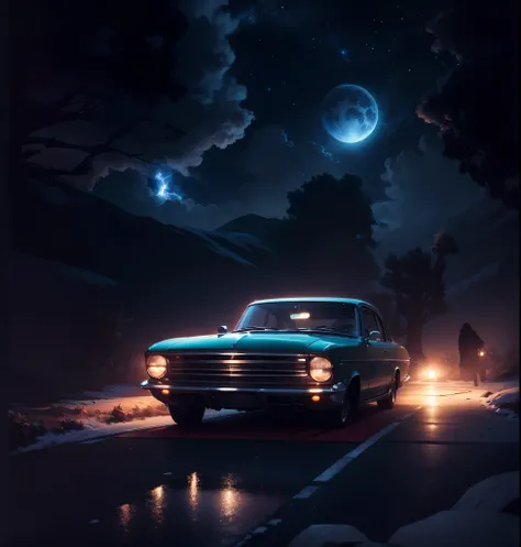 estilo anime, homem Morcego carro vintage, clima frio, cores frias, blue night sky, cinematic shading, Anime CG