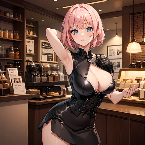 best quality, 1girl, very light pink hair, short hair, hands behind head, 4K wallpaper, masterpiece, extremely detailed CG unity 8k wallpaper, extremely detailed eyes, dynamic pose, ultra-detailed, intricate details, masterpiece, skindentation, best qualit...