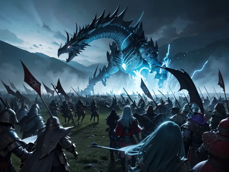 ancient army,fantasy elements,armored soldiers,marching forward,mythical creatures,elemental magic,wizard casting spells,dark and mysterious atmosphere,detailed armor and weapon designs,flying dragons,battle formations,towering castle in the distance,drama...