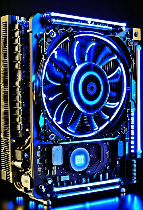 bevel, steampunk motherboard, black light glow cpu cooler, clock, Beautiful detail glow M.2, intricate details, refinement, accuracy, elaborate,