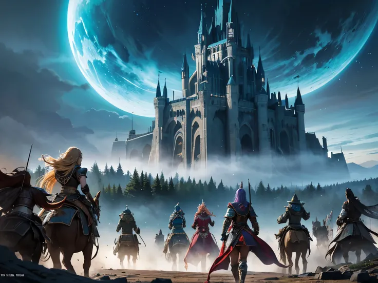 epic ancient army,fantasy elements,armored soldiers,marching forward,mythical creatures,elemental magic,wizard casting spells,epic atmosphere,detailed armor and weapon designs,battle formations,((towering castle in the distance)),dramatic lighting,epic bat...