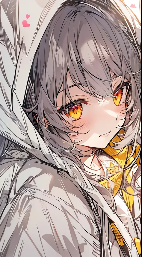 Top Quality, Masterpiece, High Resolution, 8k, Hoodie and Anime Style Girl, One Girl, Detailed Line Art, Bright White and Bright Amber Style, Digital Enhancement, Close Up, Anime Core, Flowing Fabric、((((白髪))))、(((金色の瞳)))、(((((黒パーカー)))))