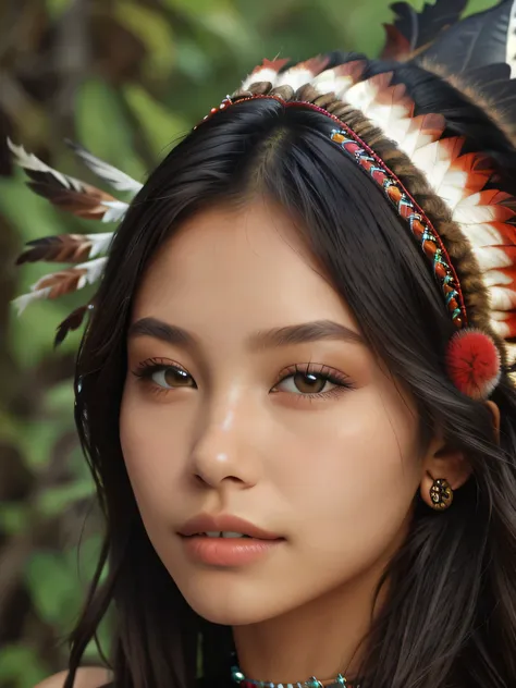 mix Native American and Asian origin girl in a red dress with feathers and jewelry, wearing a native American choker, portrait of a young pocahontas, gorgeous young model, beautiful model, unique stunning face, striking facial bone, defined facial bones pe...