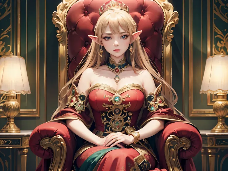 (best quality,4k,8k,highres,masterpiece:1.2),ultra-detailed,(realistic,photorealistic,photo-realistic:1.37),Elf queen,royal opulence,sitting on her throne,baroque,glowing aura,golden crown,fine jewelry,luxurious velvet dress,elegant embroidery,ornate thron...