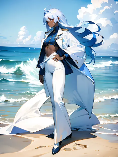 1female, dark skin, white marine coat, white suit, white baggy pants Azure hair, smooth hair, long hair, tied to waist, beach town