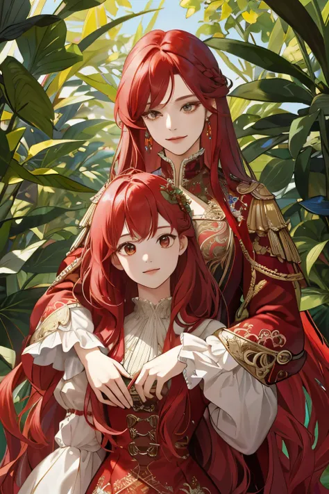 (absurdres, highres, ultra-detailed), 2 girls, solo, mature, (very long hair, red hair), Baroque, long dress with intricately designed patterns and long sleeves, elegant and colorful, highest detailed upper body, outdoors in a beautiful garden setting fill...