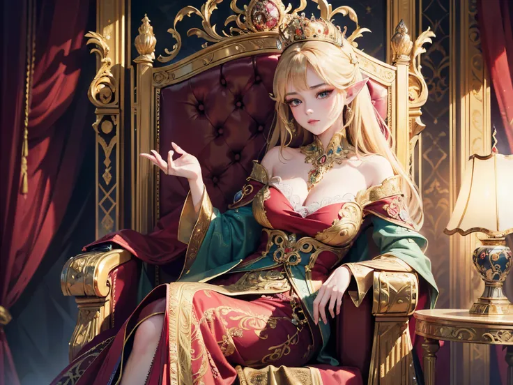 (best quality,4k,8k,highres,masterpiece:1.2),ultra-detailed,(realistic,photorealistic,photo-realistic:1.37),Elf queen,royal opulence,sitting on her throne,baroque,glowing aura,((golden crown)),fine jewelry,luxurious velvet dress,elegant embroidery,(ornate ...