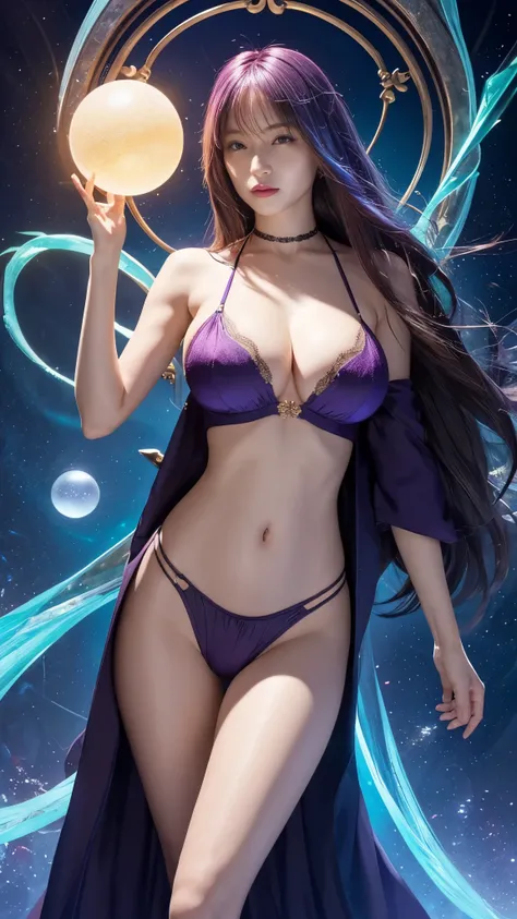 Masterpiece, best quality, 1girl, with long flowing iridescent hair in shades of purple, blue, and green, wearing a sleek crimson red string lingerie together with crotch-less G-string outfits, standing in a dramatic pose with one hand on her hip and the o...