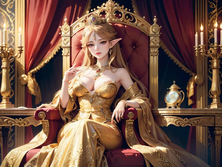 (best quality,4k,8k,highres,masterpiece:1.2),ultra-detailed,(realistic,photorealistic,photo-realistic:1.37),Elf queen,royal opulence,sitting on her throne,baroque trees-filled elven room,glowing aura,((golden crown)),fine jewelry,luxurious velvet dress,ele...