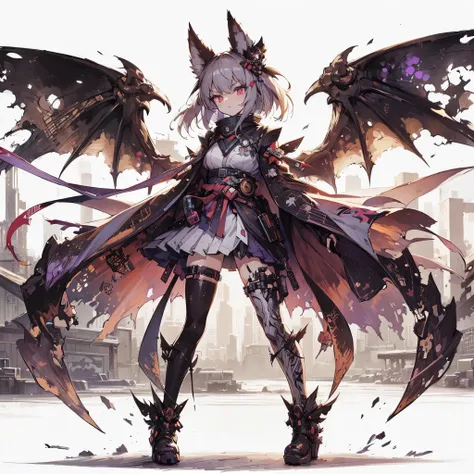 (masterpiece, Best Quality), (Perfect athlete body:1.2), (detailed hairs), Ultra-detailed, Anime style, Full body, Solo, Cyberpunk bat girl, in cyber kimono, large wings, bat ears, white hair and brown skin, raised boots, standing in the wasteland, high-he...