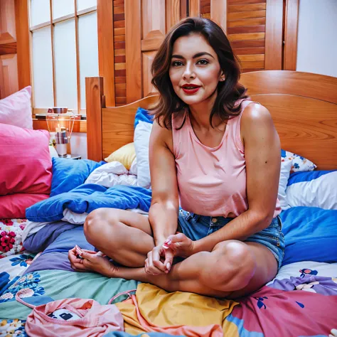 Theres a woman sitting on a bed in a pink shirt, shorts jeans, posing em uma sala, sentado na cama, sentado na cama, someone at home senta-se na cama, senta-se na cama, senta no quarto dela, em uma sala. Uma mulher com pele branca e cabelos escuros. ela te...