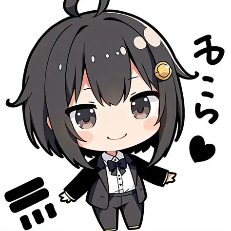 超A high resolution, nffsw, Best aesthetic, Top quality depiction of the foot, with open arms, point to the right, Chibi character Detective Keira Rexanne Giles, her short black hair in disarray, gray eyes, with an Smile, Waving, white Background, her black...