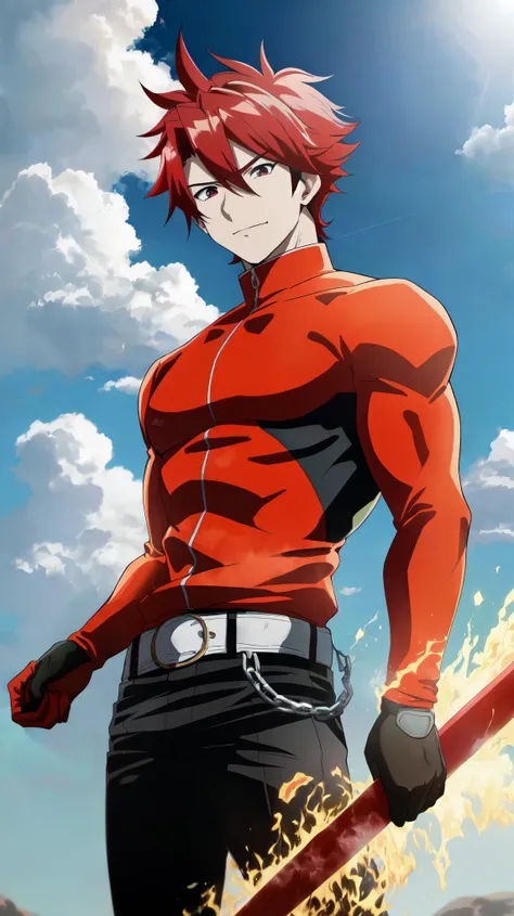 Un primer plano de una persona con el pelo rojo y una espada, an epic anime of an energy man, chico guapo en el arte realista, Anime rudo 8K, Dios del Sol, epic anime artwork, fuego!! cuerpo completo, Epic anime style, chico anime de pelo naranja, Blindado...