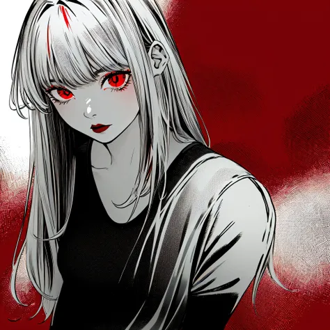 make a horror portrait of a devil quaterback American football girl with red eyes, she stands in front of a dark red wallin black and white colors