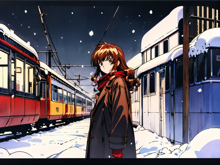 taiga aisaka standing by a train station on a cold snowy night, vhs, winter, (snow), vintage, manga style, black background, (ba...