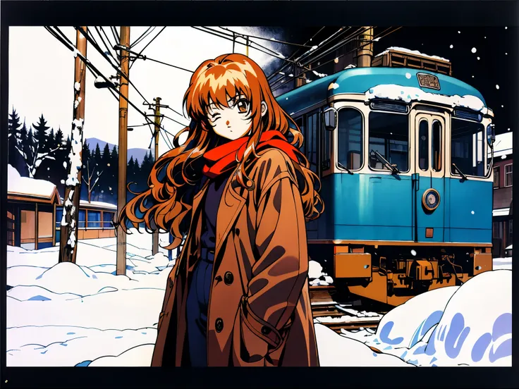 taiga aisaka standing by a train station on a cold snowy night, vhs, winter, (snow), vintage, manga style, black background, (ba...