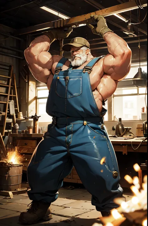 muscular old man, tall, towering, flexing his arms, mechanical worker, detailed face, strong arms and hands, oil-covered overall...