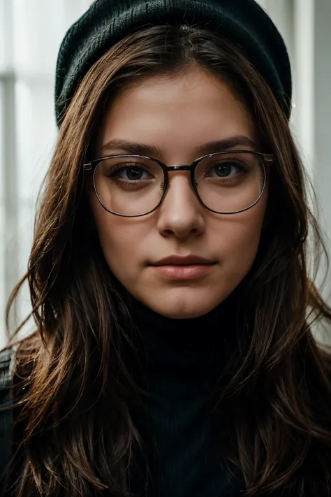 Beautiful young woman with glasses and a turtleneck looks at the camera, Portrait of a teenager, with square glasses, niedliches Gesicht, Das Gesicht hat Sommersprossen., Portrait of a beautiful girl, (Realistische Gesichtsdetails), Komplizierte Details, s...