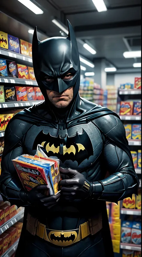 ((Best quality)), ((masterpiece)), (detailed), perfec face, (funny), ((batman)), 1man, Shopping at convenience stores, realistic, real life