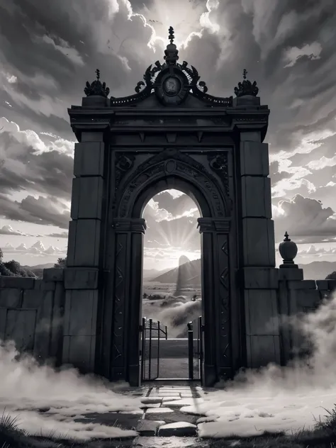 A black and white scenery of the sky, the gates of the kingdom of heaven, oil painting, super detailed, clouds, sun, twilight rays, perfect cenario