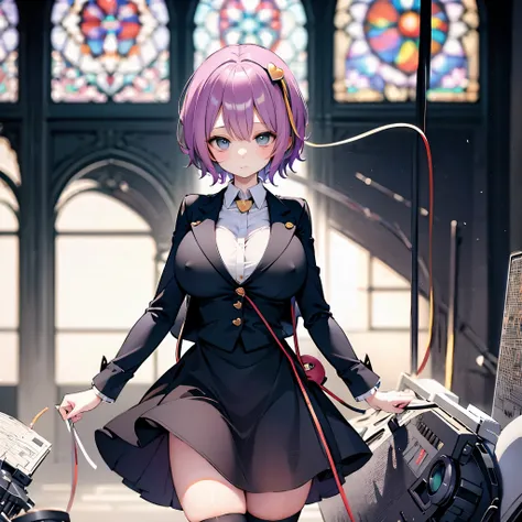 Satori toho character, (solo), (standing), (stained glass), BREAK, short hair, (huge perky breasts), bursting breasts, (inconceivably thin waist), very long legs, BREAK, (black blazer:1.2), (black thighhighs:1.2), (very short black miniskirt:1.2), highheel...