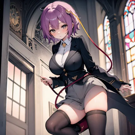 Satori toho character, (solo), (standing), (stained glass), BREAK, short hair, (huge perky breasts), bursting breasts, (inconceivably thin waist), very long legs, BREAK, (black blazer:1.2), (black thighhighs:1.2), (very short black miniskirt:1.2), highheel...