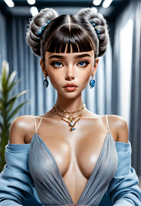 very beautiful, well-groomed girl, With clean skin, Normal facial features, Beautiful lips, and a slight smile on her face. beautiful figure, Modern clothes, cool modern couture dress. presentation background, neutral gray-blue, in virtual space. top quali...