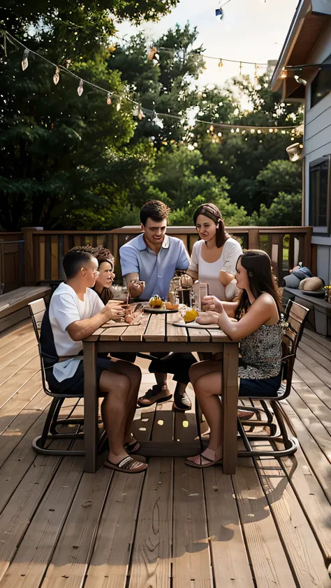 family join together on backyard deck