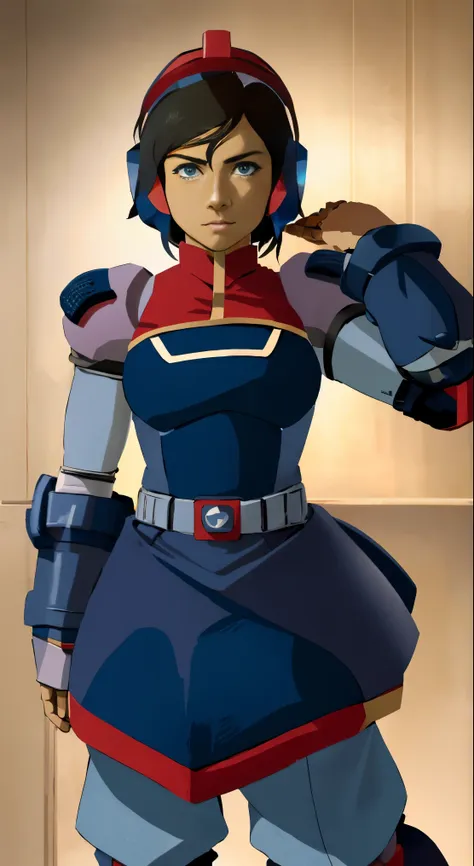 masterpiece (best quality): korra wearing a full suit of (blue, white, and black) megaman armor,proto-man armor, heavy armor gau...