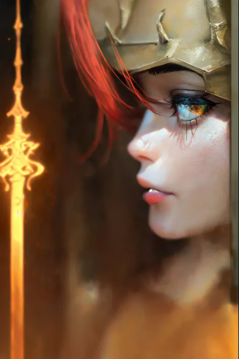 a persons close-up with red hair and a sword,epic anime of a man with energy,full body,ecosystem,rough anime style 8K, Sun God, Flame Conjuring Armor,(best quality,4k,8k,highres,masterpiece:1.2), ultra-detailed, (realistic,photorealistic,photo-realistic:1....