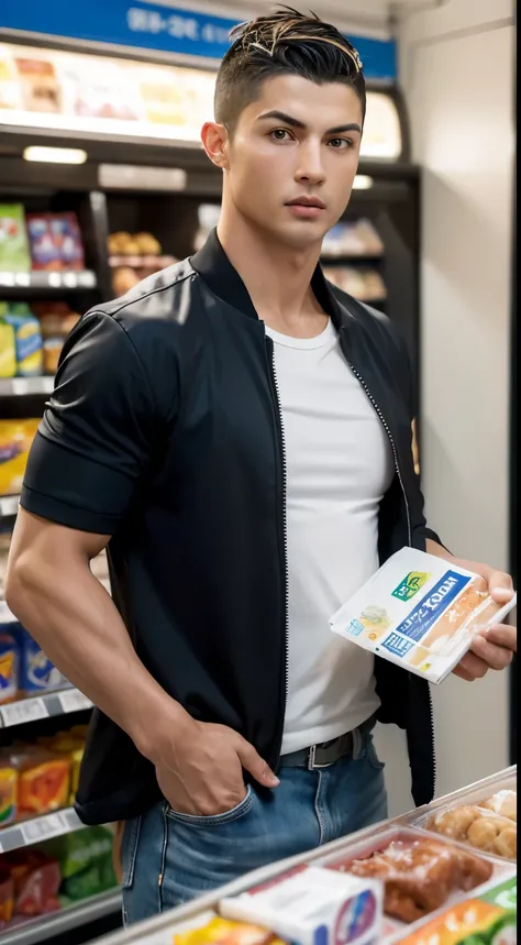 (best quality, masterpiece:1.2), ultra-detailed, perfect face, Cristiano Ronaldo, 1 man, shopping at convenience stores, realistic, real life, oil painting