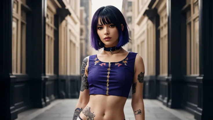 photorealistic, movie shot, film grain, special effects by ILM, epic scene, sci-fi fantasy inspired by anime, punk/rock Idol, woman, slim lips, big chest, mesmerizing beauty, short black hair with a purple dye, spiky hairstyle, tattoos, vibrant blue eyes, ...