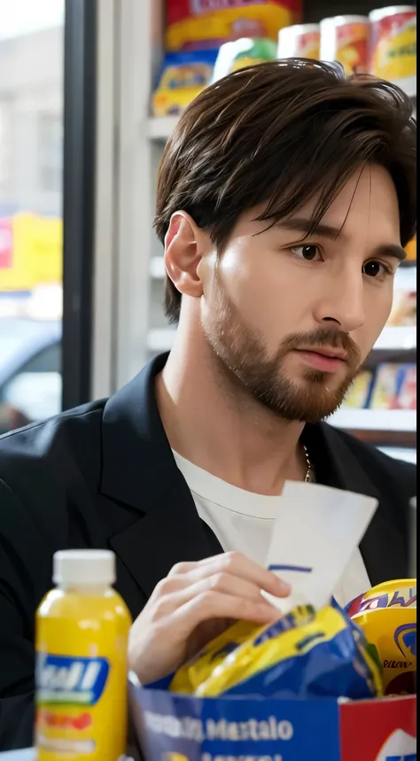 (best quality, masterpiece:1.2), ultra-detailed, perfect face, Lionel Messi, 1 man, shopping at convenience stores, realistic, real life, oil painting