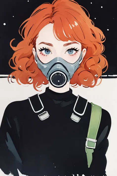 (masterpiece:1.2, best quality), 1girl, 18yo, curly ginger hair, freckles, wearing gas mask, noir, dark desolate, anime minimalist, watercolor